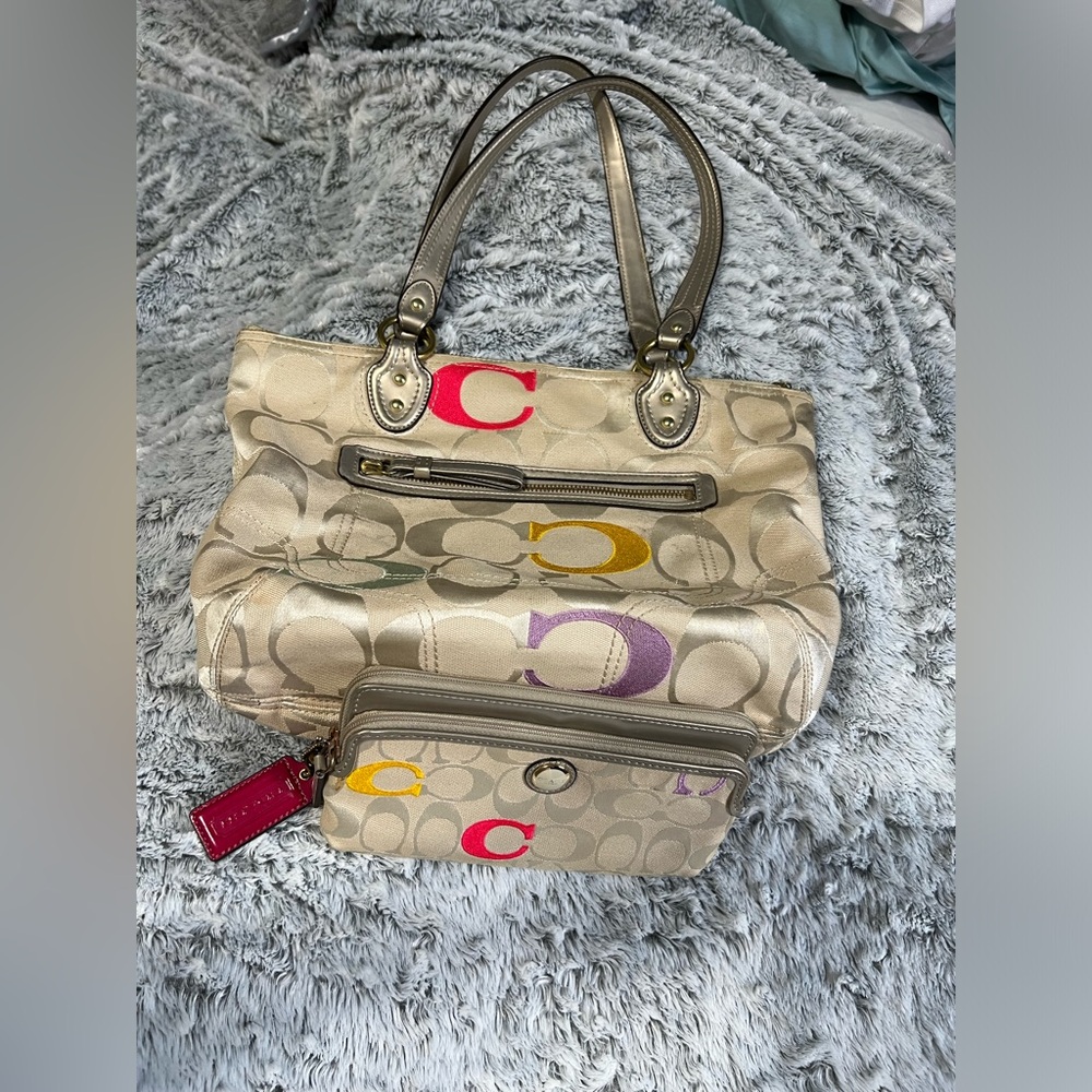 Coach Beige Signature Shoulder Tote with Multicolor 'C' Logos